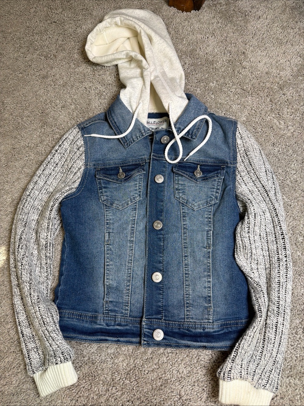 Wallflower Blue Denim Jacket with Cream Hood & Gray Knit Sleeves